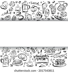 Set of doodle sweets food from Frame with space for text on white. Vector illustration. Cakes, biscuits, baking, cookie, donut, ice cream, macaroons, coffee. Perfect for dessert menu or design.