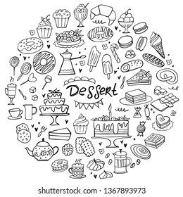 Set of doodle sweets food on white. Vector illustration. Cakes, biscuits, baking, cookie, pastries, donut, ice cream, macaroons, coffee. Perfect for dessert menu or food package design.