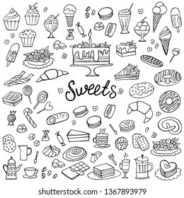 Set of doodle sweets food on white. Vector illustration. Cakes, biscuits, baking, cookie, pastries, donut, ice cream, macaroons, coffee. Perfect for dessert menu or food package design.