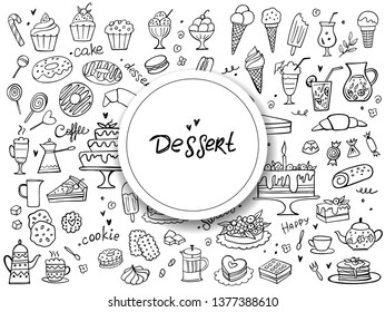 Set of doodle sweets food on white. Vector illustration. Cakes, biscuits, baking, cookie, pastries, donut, ice cream, macaroons, coffee. Perfect for dessert menu or food package design.