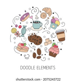 Set of doodle sweets food on white. Cakes, biscuits, baking, cookie, pastries, donut, ice cream, macaroons, coffee. Round composition.