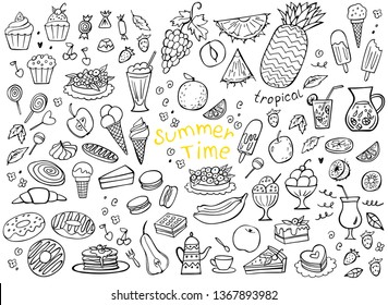 Set of doodle sweets food and summer fruits on white. Vector illustration. Perfect for greeting card, postcard, print, coloring book.