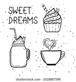 Set of doodle sweets with phrase - Sweet Dreams. Vector illustration.