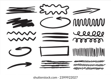 Satz von Doodle wirls, gebrochenen Linien und Pfeil. Handgezeichnete geometrische Formen. Abstrakte Skizzensymbole.