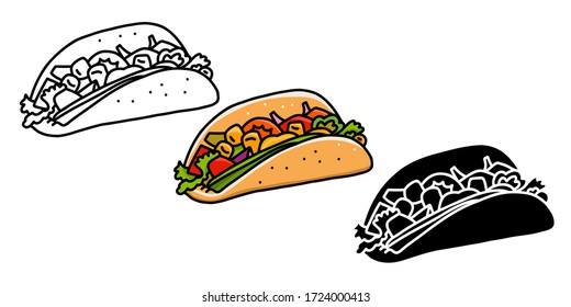 Set of doodle taco mexican food related icons. Hand drawn vector stock illustrations includes cartoon, outlined, and glyph taco icons, isolated on white background. Design elements.