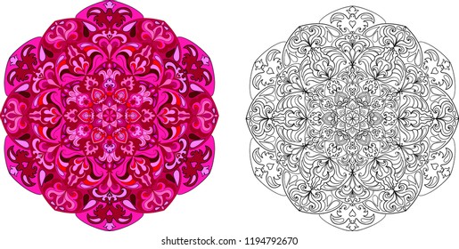 Set of doodle template mandalas for decorating of poster, greeting cards, covers, prints, clothing textile. Round ornament. Abstract pattern in circle. Outline and colored graphic vector elements. 