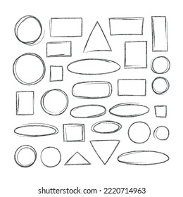 Establecer elementos resaltados de texto de doodle con lápiz de imitación. Iconos de selección dibujados a mano. Círculo, ovalado, cuadrado, rectángulo. Ilustración del vector