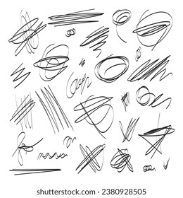 Set of doodle text highlight elements with imitation pen, marker, pencil. Collection of hand drawn scribble chaotic direction line shapes. Vector line illustration isolated on white background.