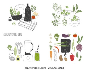  Set of doodle texture kitchen still life. Hand drawn vegetables and leafy greens.