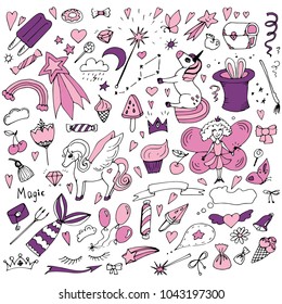 A set of Doodle themed unicorns and magic, painted on a white background and painted pink and purple.