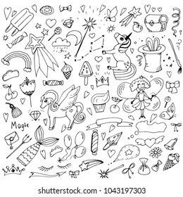 A set of Doodle themed unicorns and magic, painted on a white background.