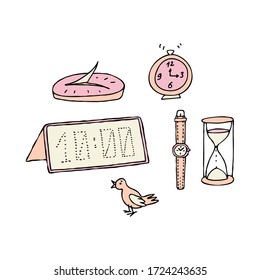 Conjunto de iconos de esquema rellenos relacionados con el tiempo de doodle. Las ilustraciones del material de los vectores de color incluían el dial solar, el vidrio de la hora, los relojes electrónicos, mecánicos, el reloj despertador y los iconos de las aves, aislados en el fondo blanco.