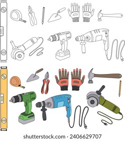 Conjunto de herramientas de doodle para construcción y reparación. Ilustración en la colección de estilos de esbozo.