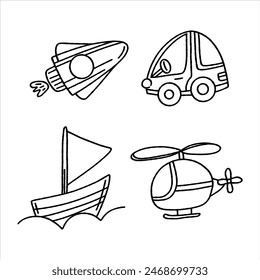 Set of doodle transport in doodle style drawn by a child. Vector graphics of rocket, car, boat, helicopter coloring pages. Children's style to the book. Vector graphics