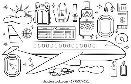 Set of doodle travel design elements. Hand drawn vacation and travel doodles perfect for summer plan trip flyers and posters
