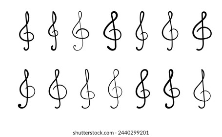 Set of Doodle Treble Clef. Hand drawn treble clef Collection. Vector Illustration isolated on white background