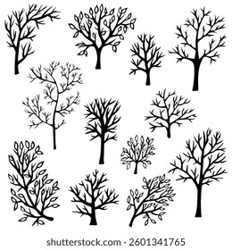 A set of doodle trees, a drawing of black trees on a white background, a drawn forest