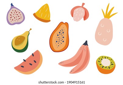 Set of doodle tropical fruits. Natural tropical fruit, papaya, pineapple, banana, avocado, fig, lychee, dragon fruit, watermelon, kiwi. Flat vector cartoon illustration isolated on white background
