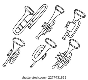 set of doodle trumpet. Classical string musical instrument. 