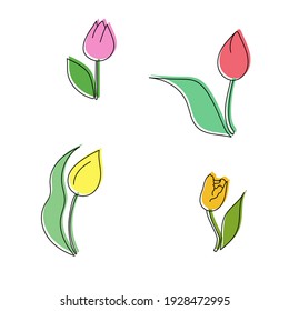 Set of doodle tulips of various colors, delicate spring flowers for decor vector illustration