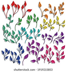 Set of doodle twigs and leaves of different colors, for design of invitation or greeting card vector illustration