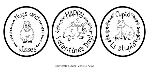 Set of doodle typographic stickers with capybara. Flat animal character in love and Valentines lettering with floral frames. Isolated compositions on white background. Good for stickers, printout