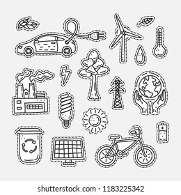 Set of doodle uncolored ecology and environment stickers or patches isolated on grey background.