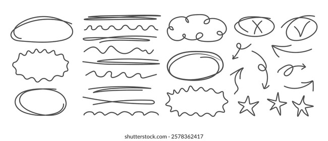 Set of Doodle underline strokes oval arrow mark star collection. Scribble Highlight emphasis frames. Monochrome Child drawing doodles. Elements for creative design infographic