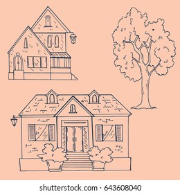 Set of doodle urban houses and tree on pink background. Hand drawn vector illustration.