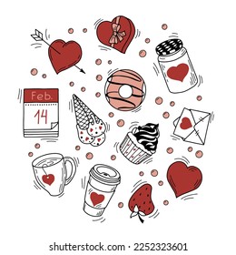 Set of doodle valentaine elements. Vector hand drawn collection for planners, cards, invantations, banners.