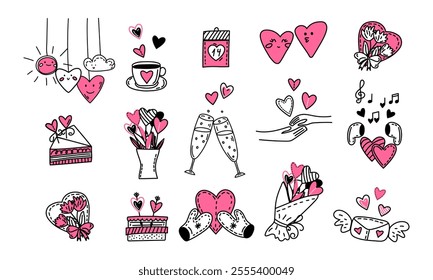 Set of doodle Valentine Day illustrations cute hearts, flowers, cakes, glasses, and romantic symbols. Perfect for greeting cards, invitations, decorations, or digital designs