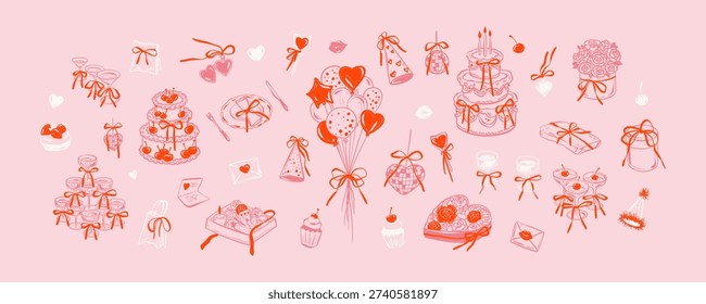 Set of doodle Valentines Day, wedding, bachelorette party, girly birthday whimsical coquette design elements. Champagne bottle, cocktail tower, flying balloons bunch, cherry cake, martini glasses