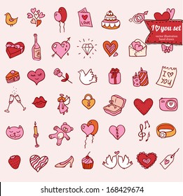 Set doodle Valentine's icon in color  include hand drawn design element: heart  ring  diamond  wings  present  cake  camera  toy  candle  wine  angel  rose  bird  lips  music  message