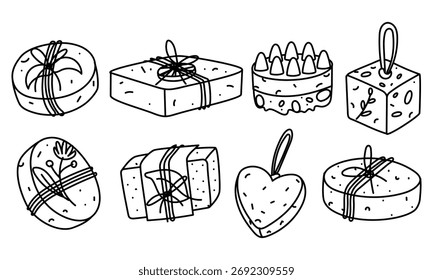 Conjunto de doodle de varias piezas de jabón hechas a mano con diferentes aditivos. Ilustración de contorno de Vector. Texto de empaquetado. Gráficos. Perfecto para cosméticos, spa, diseño de embalaje, presentación ecológica