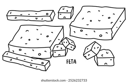 conjunto de rabiscar de vários pedaços de queijo feta, em branco. peça inteira em variedade de cortes. Grupos de queijo em retângulo, cubo, fatia com inscrição. Queijos de coalhada grega de contorno preto feitos de leite