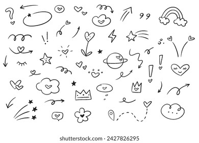 Set of doodle vector elements. Hand drawn collection simple elements with hearts isolated on white background.