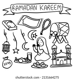 Set of doodle vector elements related to Ramadan kareem. Set of hand drawn symbols and icons for the holy Muslim festival of Ramadan kareem
