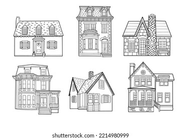 Set of doodle vector houses. Collection of hand drawn building 