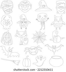 Set of doodle vector icons. Halloween Concept. Halloween cartoon outline doodle set vector for coloring book