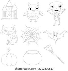 Set of doodle vector icons. Halloween Concept. Halloween cartoon outline doodle set vector for coloring book