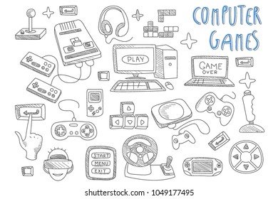 Set of doodle vector icons related to computer games. Joysticks, gaming controllers, computer and laptop. Gamer in virtual reality glasses. Electronic devices svg