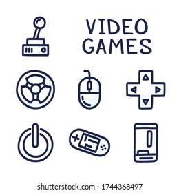 Set of doodle vector icons related to computer games. Joysticks, gaming controllers, computer and laptop. Electronic devices