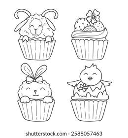 Set of doodle vector illustrations for Easter day. Cute Easter cupcakes with sheep, chick, eggs, bunny. Easter child coloring page