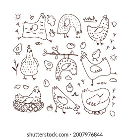 Set of doodle vector illustrations with hens and chicks. Outline hand drawn coloring page. Black on white linear clipart.