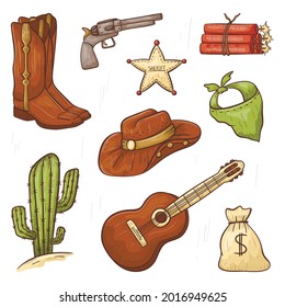 Set of doodle vector isolated icons in country style. Line art cowboy design elements. Outline wild west print or decoration stickers.