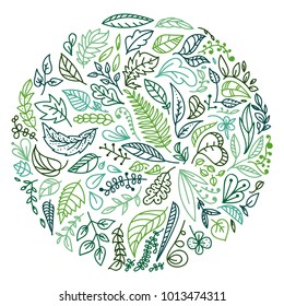 Set of Doodle Vector Leaves and Floral Elements for Stickers, Backgrounds, Patterns on clothes, backpacks and other. Vector Isolated on white.