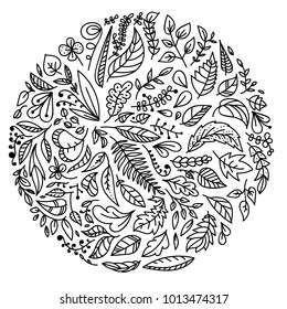 Set of Doodle Vector Leaves and Floral Elements for Stickers, Backgrounds, Patterns on clothes, backpacks and other. Vector Isolated on white.