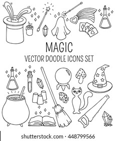 Set Of Doodle Vector Magic Icons. Halloween Concept. Hand Drawn Illustration.