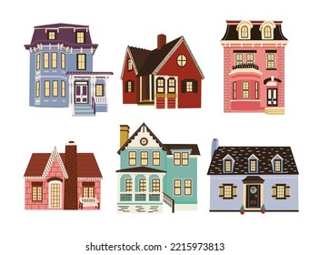 Set of doodle vector retro houses. Collection of hand drawn vintage building 