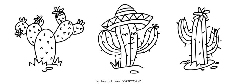 conjunto de esboços vetoriais doodle de cactos mexicanos. variedade de plantas espinhosas em um chapéu sombrero. Desenhado à mão em linhas pretas e brancas. Os elementos contrastantes são isolados. O contorno preto da coleção